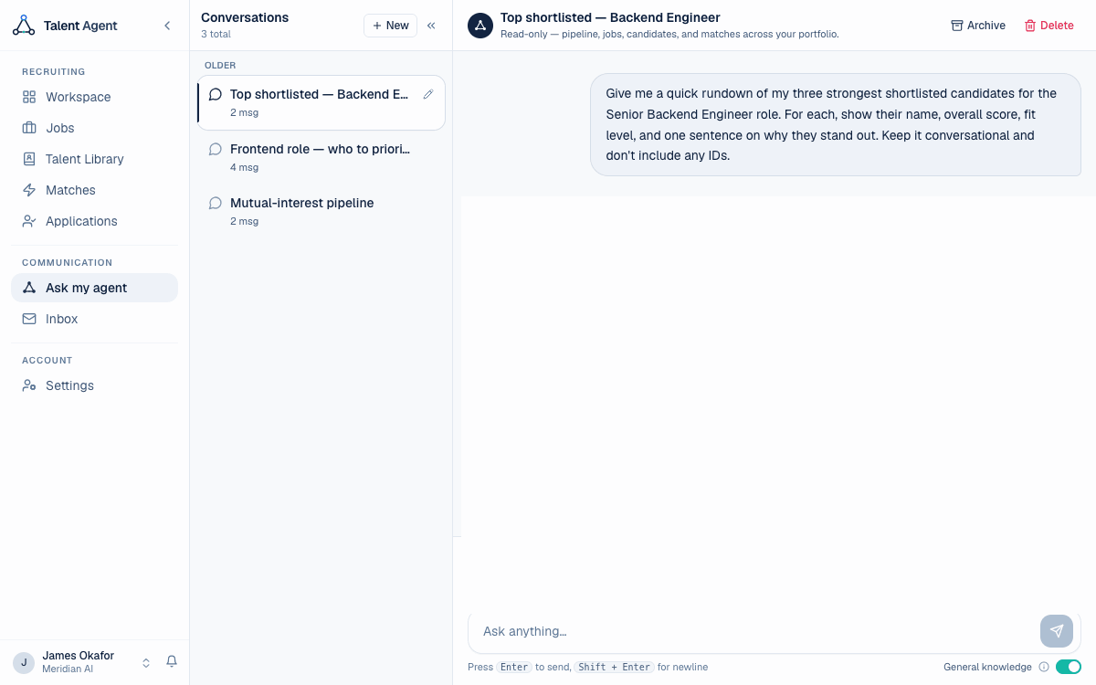 A recruiter asks their agent who the strongest shortlisted candidates are; the agent replies with ranked names, overall scores, fit levels, and the reasoning behind each.